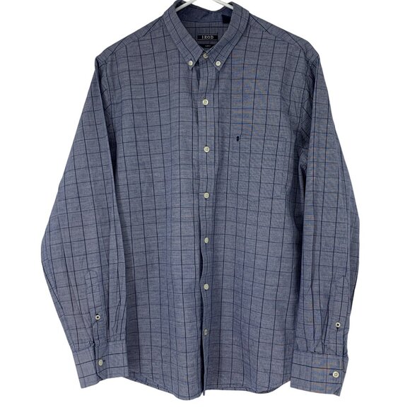 Mens Izod Slim Fit Large Blue Check Shirt Button Up Dress 2850 Long Sleeve - Picture 1 of 9
